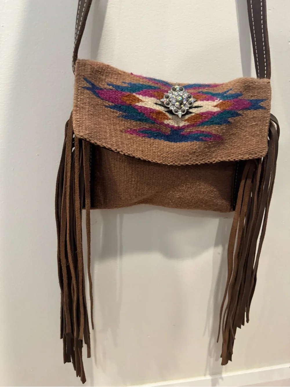Southwestern Woven Wool Blanket Fringe Crossbody Bag with Rhinestone Concho